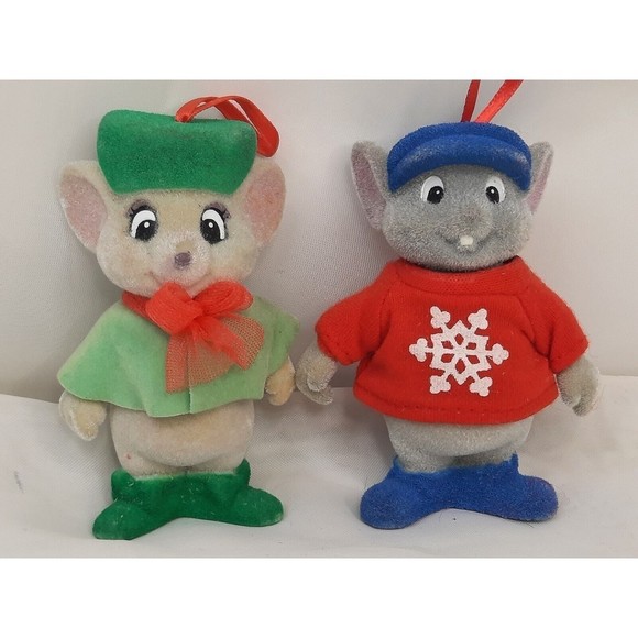 Vintage Disney Bernard & Miss Bianca Flocked Christmas Tree Ornaments Rescuers - Picture 1 of 11